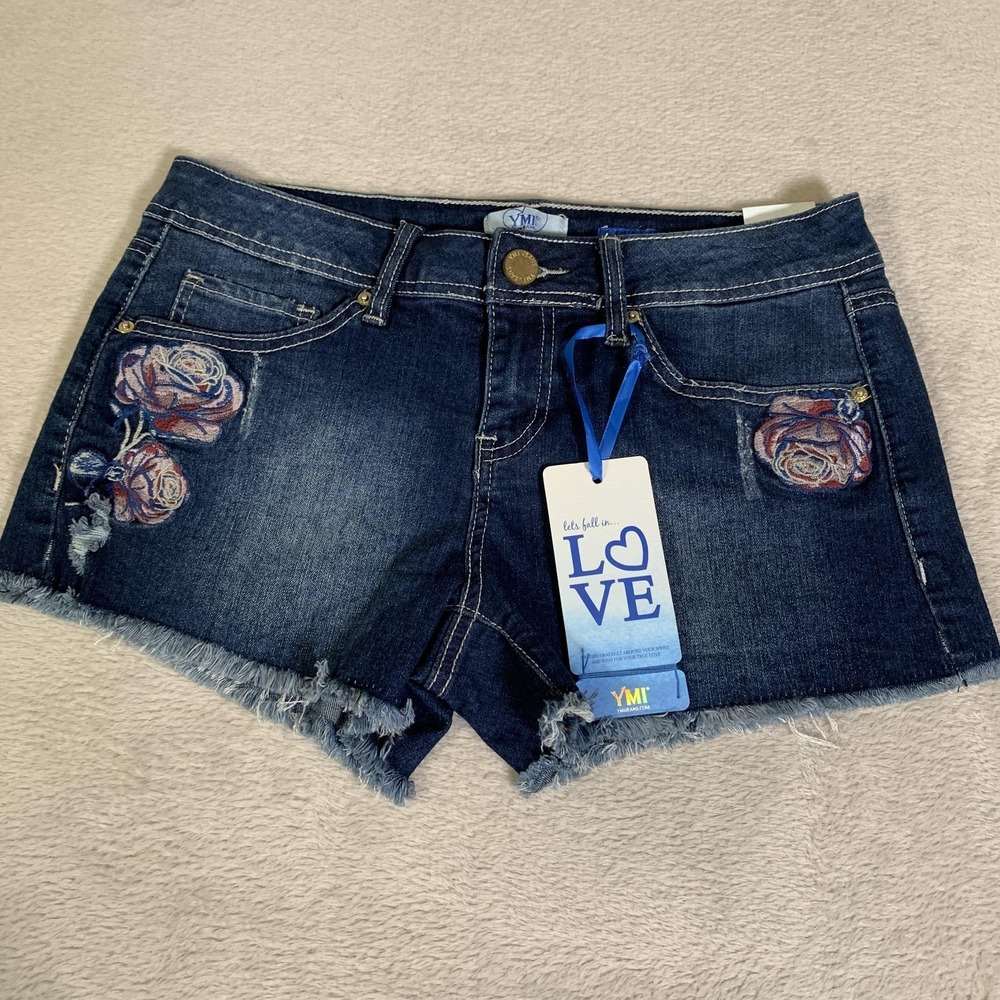 YMI Shorts‎ Juniors 5 Blue Denim Cutoff Floral Embroidered Frayed 3" Inseam NEW